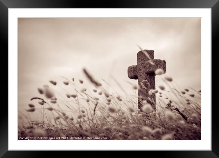 Stone cross on Glenan islands, Brittany, France Framed Mounted Print by Delphimages Art