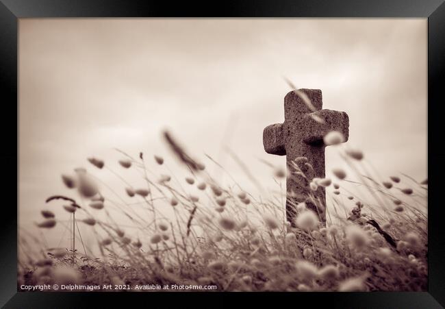 Stone cross on Glenan islands, Brittany, France Framed Print by Delphimages Art