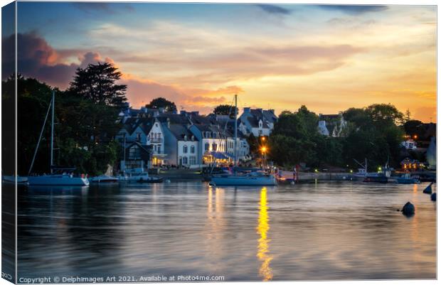 Scenic port at night in Finistere Brittany, France Canvas Print by Delphimages Art