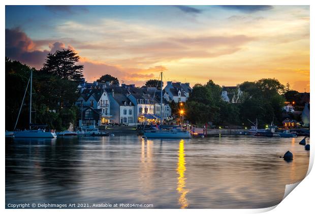 Scenic port at night in Finistere Brittany, France Print by Delphimages Art