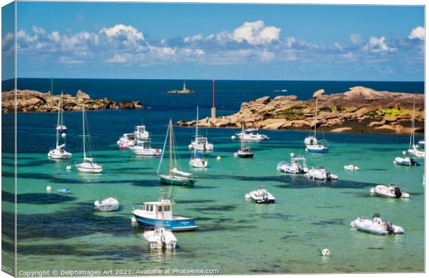 Boats and transparent water beach in Brittany Canvas Print by Delphimages Art