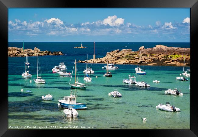 Boats and transparent water beach in Brittany Framed Print by Delphimages Art