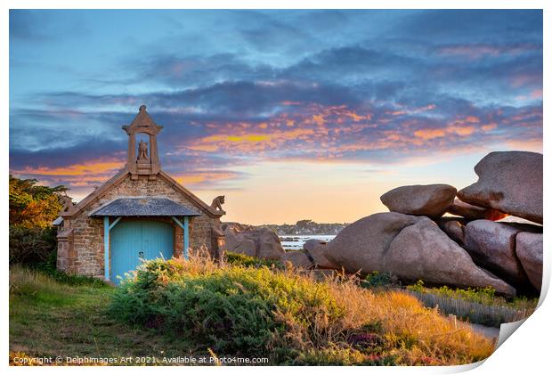 Chapel at sunset in Brittany, France Print by Delphimages Art