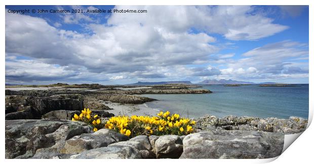 Isles of Eigg and Rum from Traigh in Arisaig. Print by John Cameron