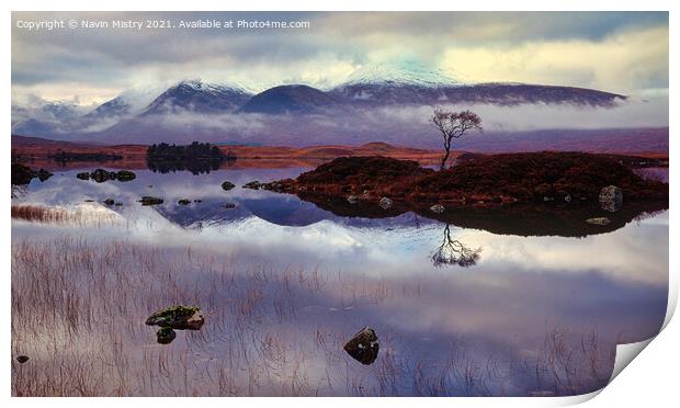 Reflection of lone tree on Rannoch Moor, Scotland Print by Navin Mistry