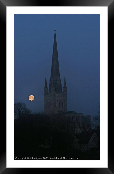 Norwich Cathedral and Full Moon Framed Mounted Print by Juha Agren
