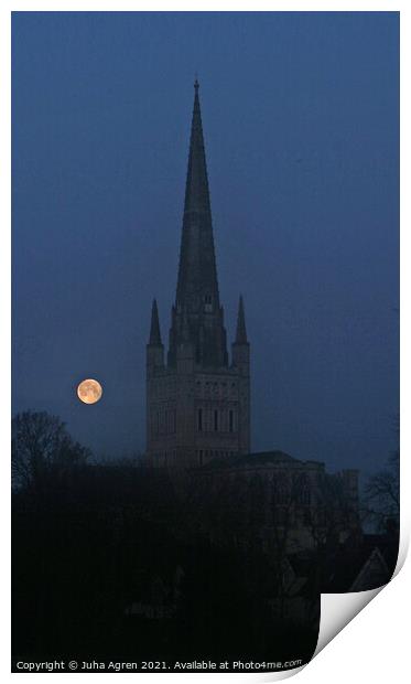 Norwich Cathedral and Full Moon Print by Juha Agren