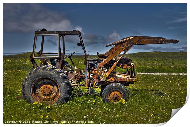 Tractor on green field Print by Gabor Pozsgai
