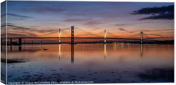 Forth Road Bridge and Queensferry Crossing sunset Canvas Print by Angus McComiskey