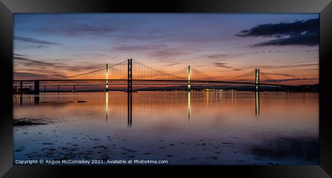 Forth Road Bridge and Queensferry Crossing sunset Framed Print by Angus McComiskey