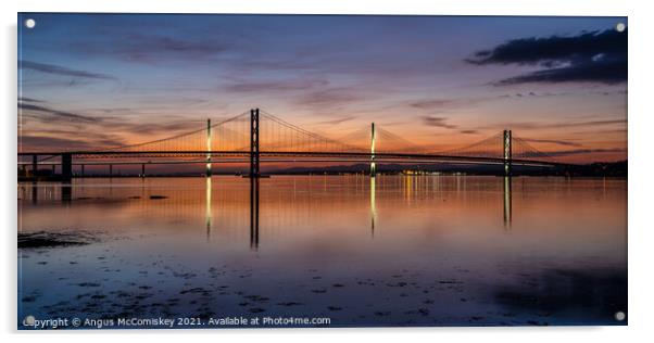 Forth Road Bridge and Queensferry Crossing sunset Acrylic by Angus McComiskey