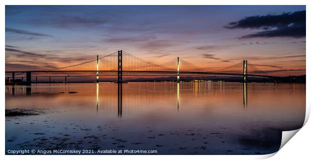 Forth Road Bridge and Queensferry Crossing sunset Print by Angus McComiskey