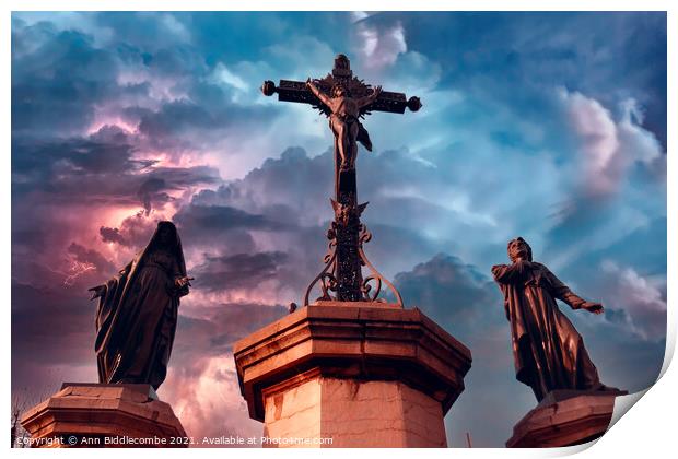Christ statue with stormy sky Print by Ann Biddlecombe