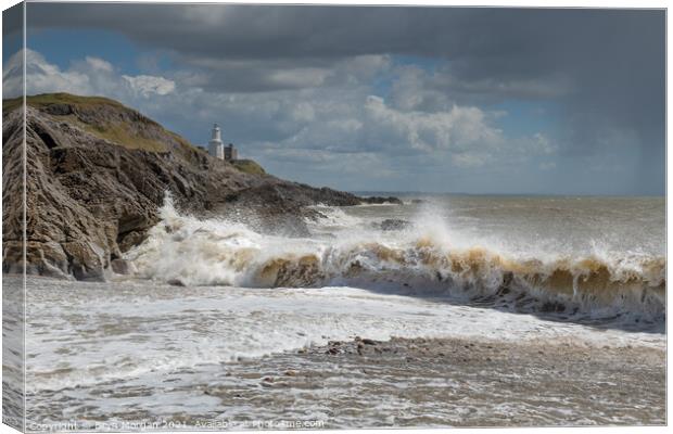 Mumbles lighthouse breaking wave Canvas Print by Bryn Morgan