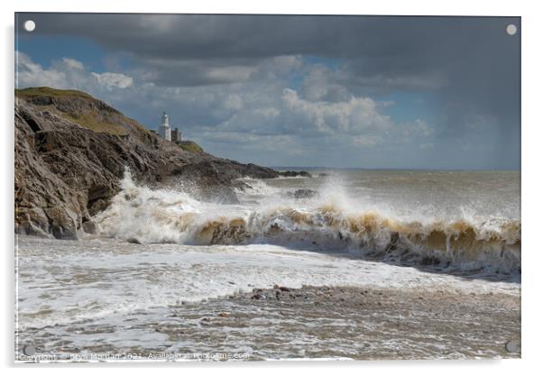 Mumbles lighthouse breaking wave Acrylic by Bryn Morgan