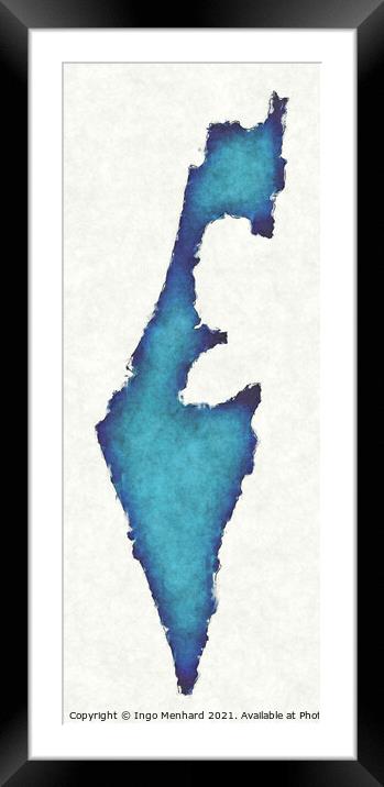 Israel map with drawn lines and blue watercolor illustration Framed Mounted Print by Ingo Menhard