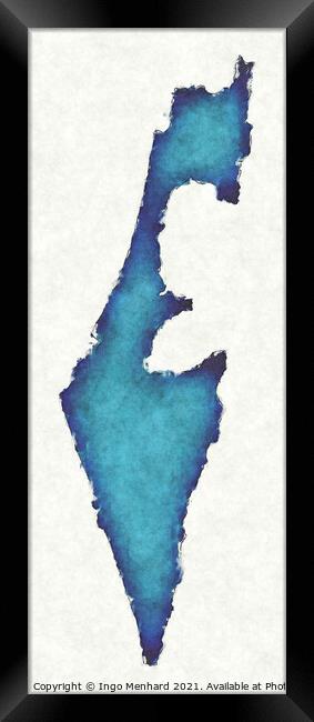 Israel map with drawn lines and blue watercolor illustration Framed Print by Ingo Menhard