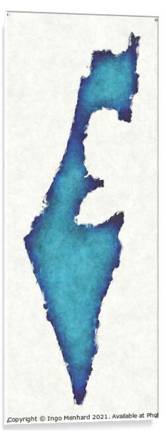 Israel map with drawn lines and blue watercolor illustration Acrylic by Ingo Menhard