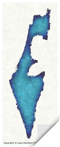Israel map with drawn lines and blue watercolor illustration Print by Ingo Menhard