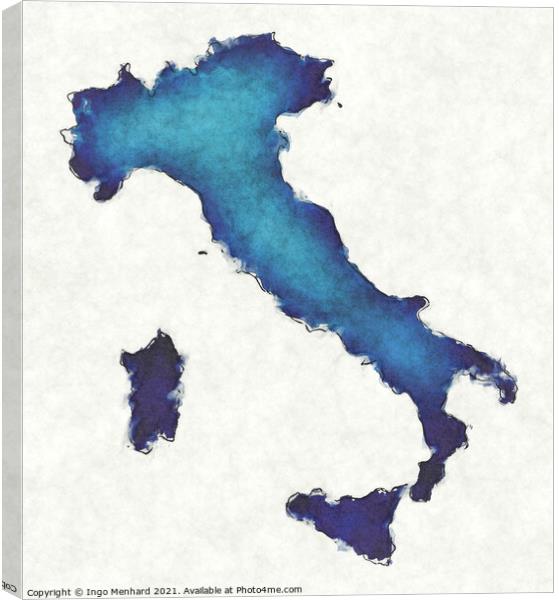 Italy map with drawn lines and blue watercolor illustration Canvas Print by Ingo Menhard