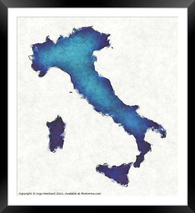 Italy map with drawn lines and blue watercolor illustration Framed Mounted Print by Ingo Menhard