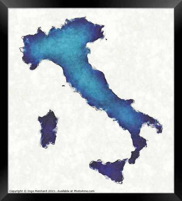 Italy map with drawn lines and blue watercolor illustration Framed Print by Ingo Menhard