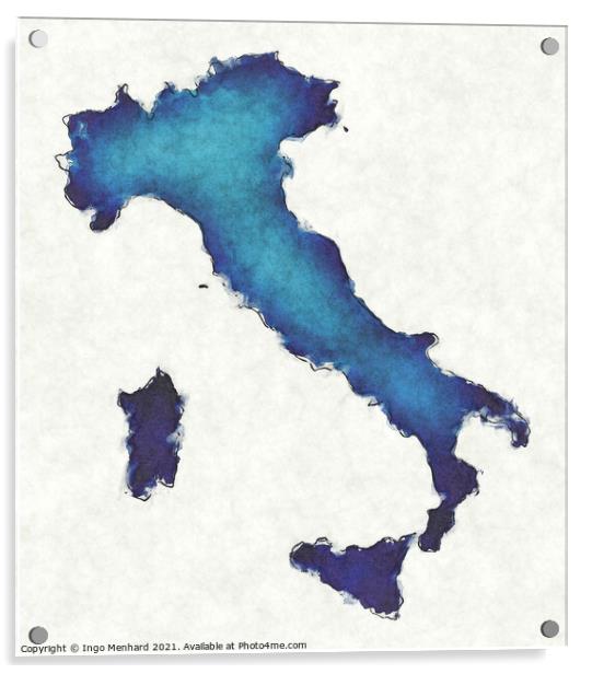 Italy map with drawn lines and blue watercolor illustration Acrylic by Ingo Menhard