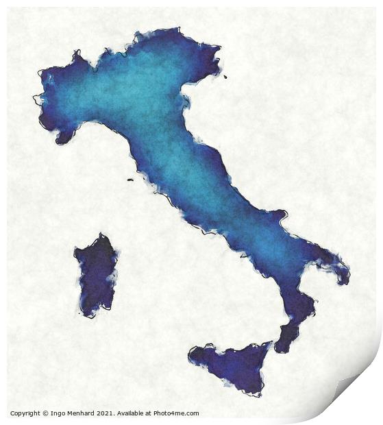Italy map with drawn lines and blue watercolor illustration Print by Ingo Menhard