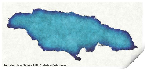 Jamaica map with drawn lines and blue watercolor illustration Print by Ingo Menhard