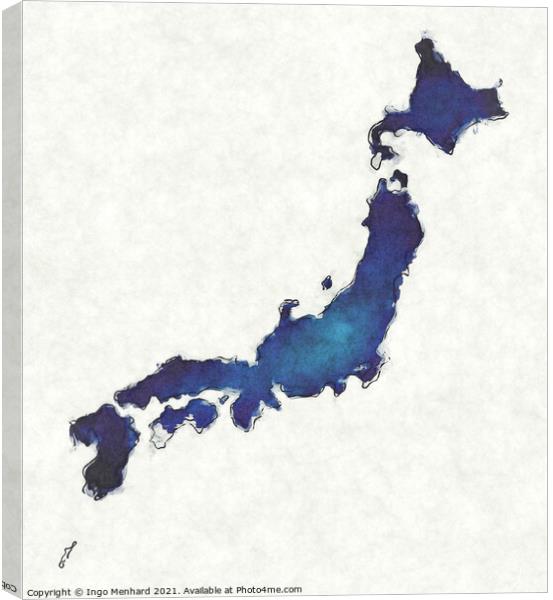 Japan map with drawn lines and blue watercolor illustration Canvas Print by Ingo Menhard