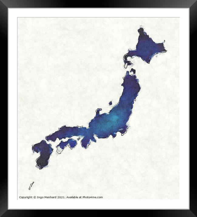 Japan map with drawn lines and blue watercolor illustration Framed Mounted Print by Ingo Menhard