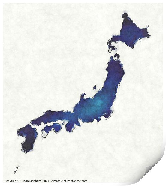Japan map with drawn lines and blue watercolor illustration Print by Ingo Menhard