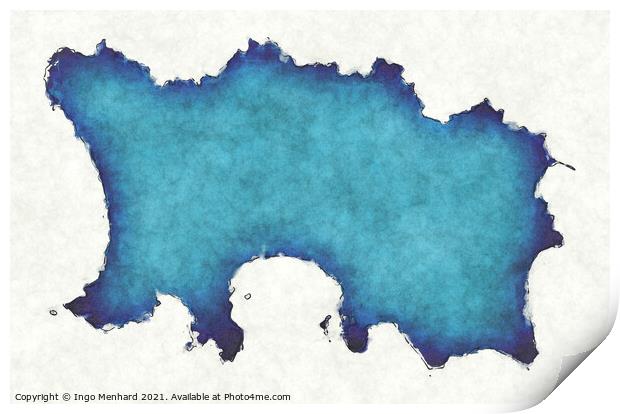 Jersey map with drawn lines and blue watercolor illustration Print by Ingo Menhard