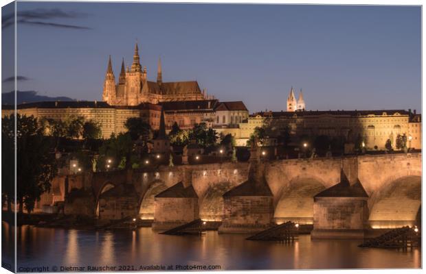 Prague Cityscape at Night with Saint Vitus Cathedral and Charles Bridge Canvas Print by Dietmar Rauscher