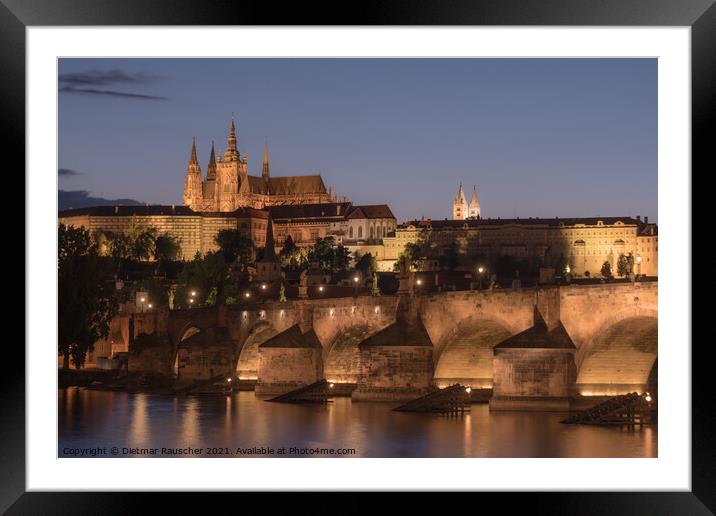 Prague Cityscape at Night with Saint Vitus Cathedral and Charles Bridge Framed Mounted Print by Dietmar Rauscher