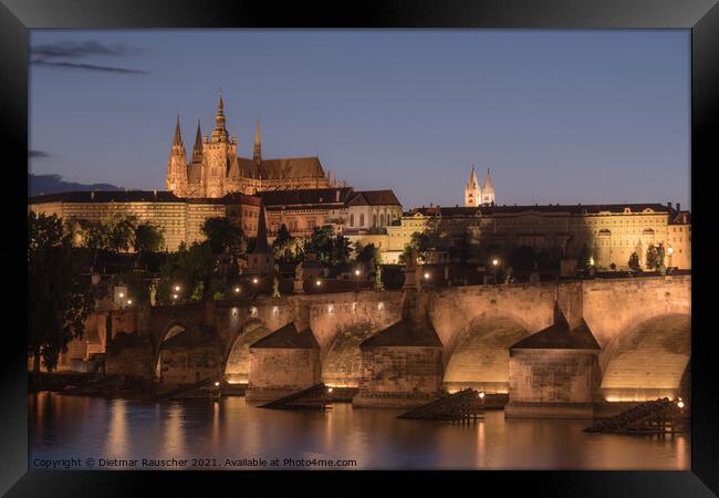 Prague Cityscape at Night with Saint Vitus Cathedral and Charles Bridge Framed Print by Dietmar Rauscher