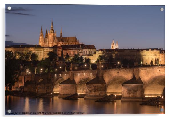 Prague Cityscape at Night with Saint Vitus Cathedral and Charles Bridge Acrylic by Dietmar Rauscher