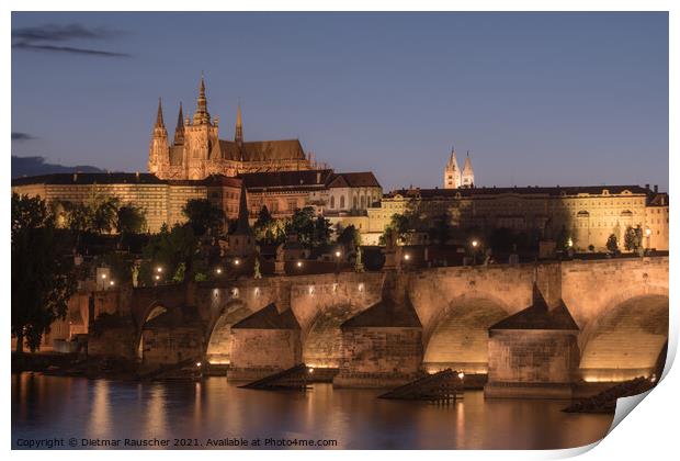 Prague Cityscape at Night with Saint Vitus Cathedral and Charles Bridge Print by Dietmar Rauscher