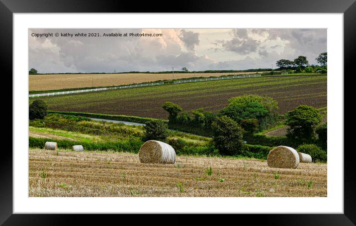 Straw bails waiting to be collected in a field  Framed Mounted Print by kathy white