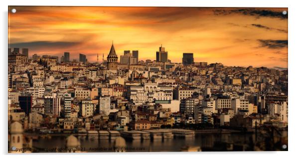 Istanbul cityscape with Galata Kulesi Tower. Turkey. Acrylic by Sergey Fedoskin