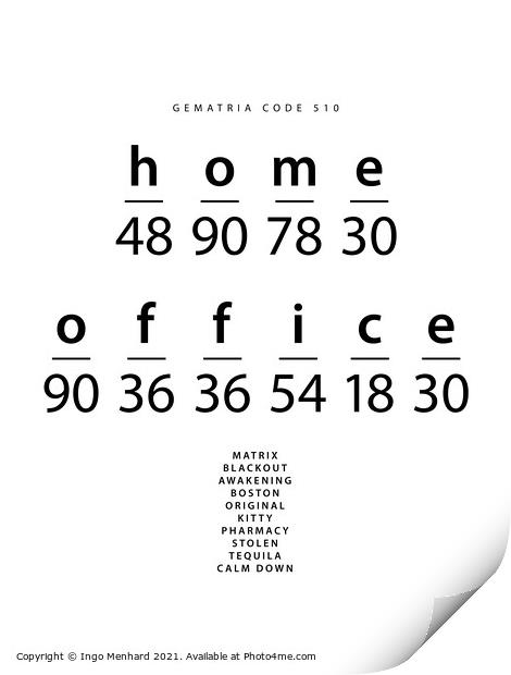 Homeoffice word code in the English Gematria Print by Ingo Menhard