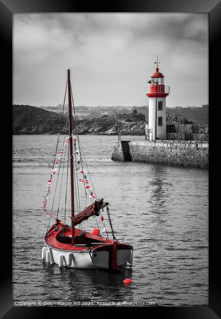 The lighthouse of the harbour of Erquy, Brittany Framed Print by Delphimages Art