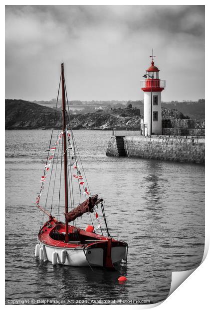 The lighthouse of the harbour of Erquy, Brittany Print by Delphimages Art