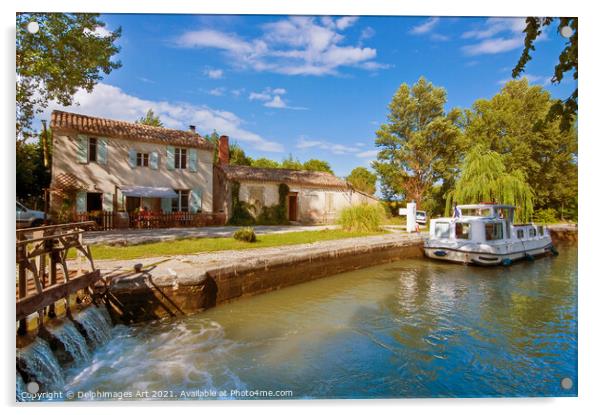 Canal du Midi France. Tourism boat at a lock Acrylic by Delphimages Art