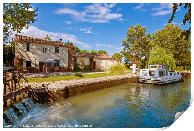 Canal du Midi France. Tourism boat at a lock Print by Delphimages Art