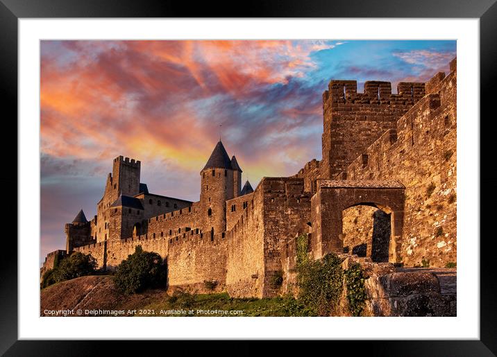 Medieval fortress of Carcassonne at sunset, France Framed Mounted Print by Delphimages Art