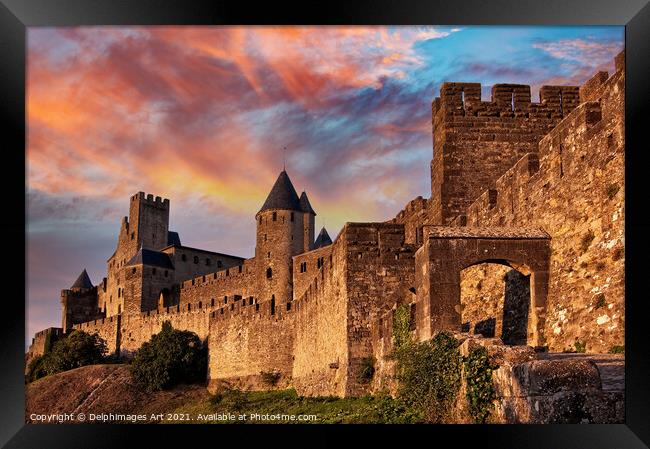 Medieval fortress of Carcassonne at sunset, France Framed Print by Delphimages Art
