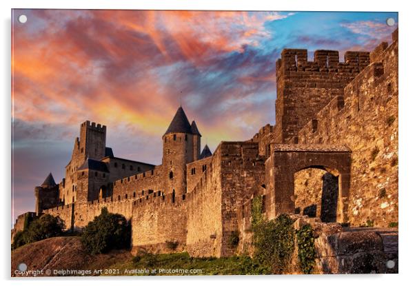 Medieval fortress of Carcassonne at sunset, France Acrylic by Delphimages Art