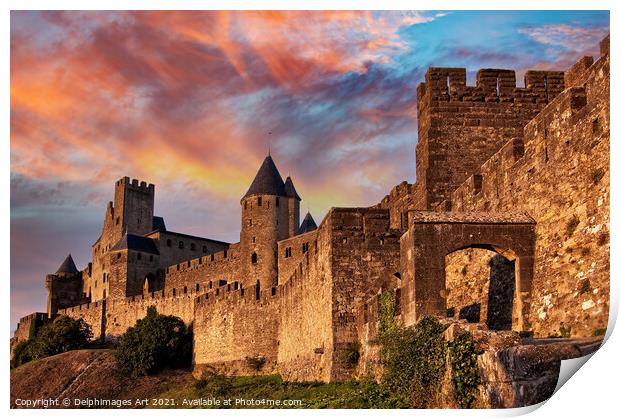 Medieval fortress of Carcassonne at sunset, France Print by Delphimages Art