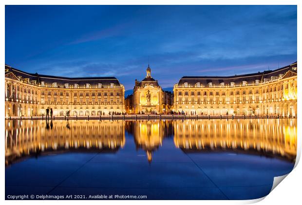 Water Mirror at night in Bordeaux, France Print by Delphimages Art